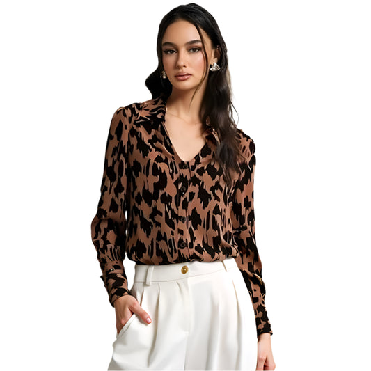 Women Leopard Print Shirt | V-Neck Cuff Sleeve Shirt | Cheetah Print