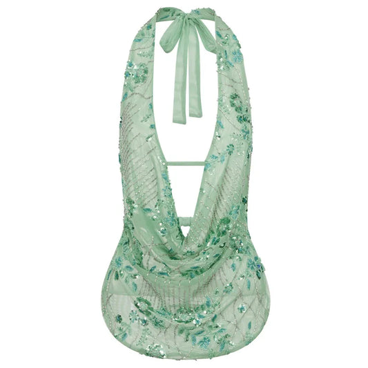 Women Glitter Sequin Tank Top | V-Neck Crop Top | Backless Beach Top