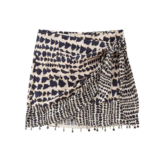 Women Vintage Geometric Print Knotted Mini Sarong Skirt | Beading Tassel