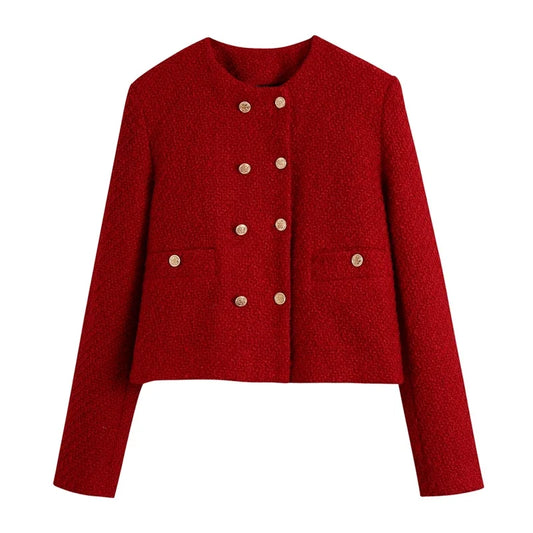 Women Vintage Cherry Red Tweed Blazer