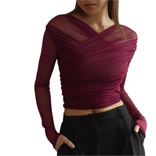 Women Cross Neck Mesh Crop Top | Pleated Long Sleeve See-Through Top
