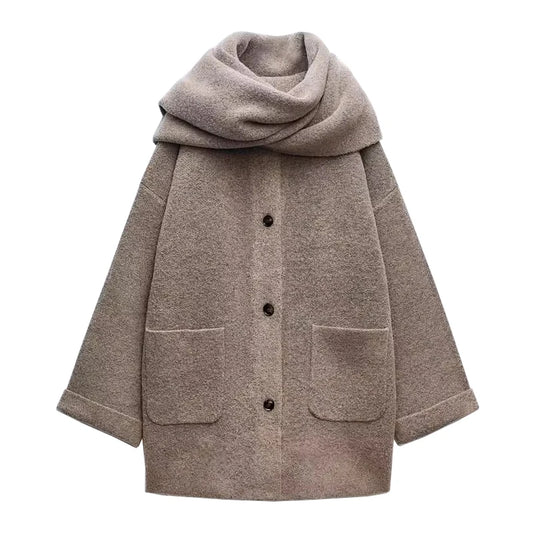 Women Winter Loose Knitted Coat with Scarf | Straight Cut | Long Sleeves | Warm Cardigan
