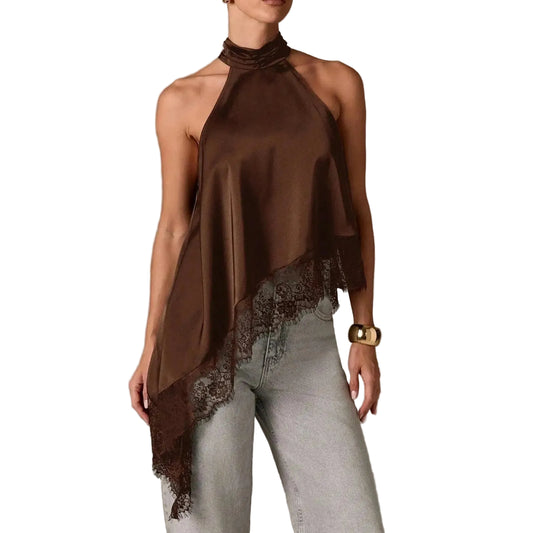 Women Asymmetrical Lace Satin Top | Silk Vest | Draped Choker | Halter Neck | Cami