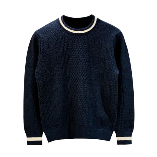 Men Navy Blue Round Neck Pullover | Long-Sleeved Knitted Cashmere