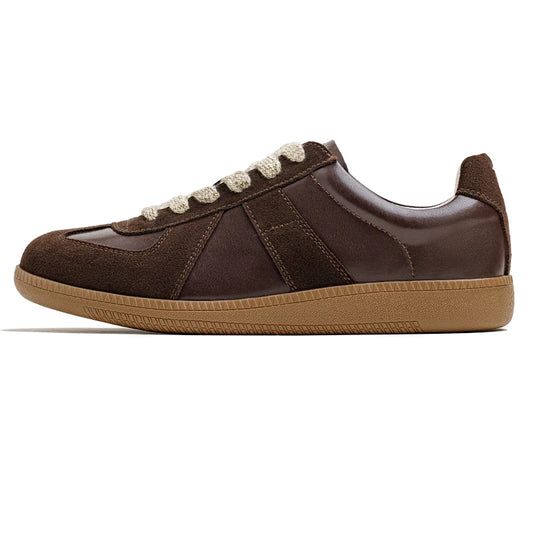 Men Classic Brown Spliced German Trainer Shoes | Flat Low-Top Sneakers | Casual Lace-up Shoes
