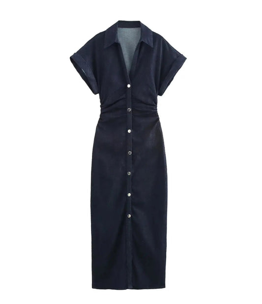 Women Denim Midi Dress | Ruched Waist | Fitted Dress