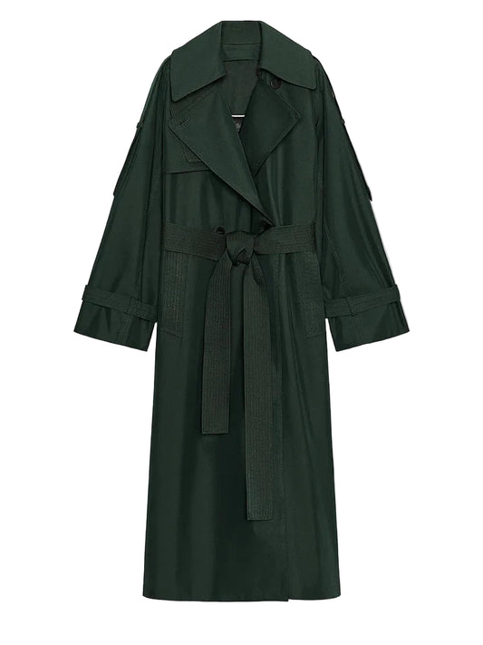 Women Dark Green Trench Coat | Long Coat | Loose | Autumn | Belted