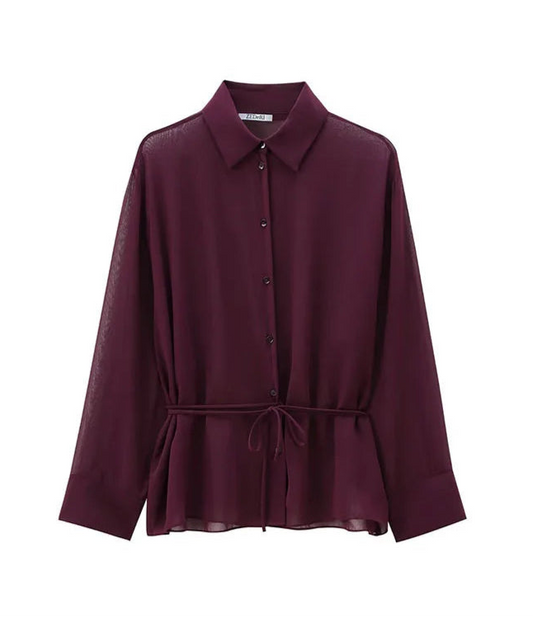 Women Burgundy Blouse | Lapel Bowknot Decorated Drape | Long Sleeve Slim Waist Shirt