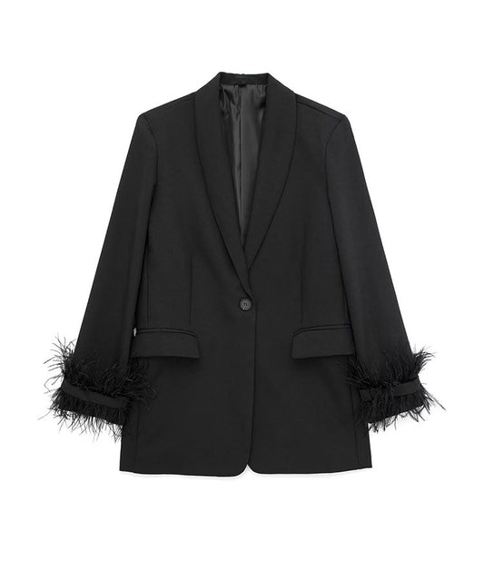 Women Satin Black With Feather Blazer Jacket | Vintage | Notched Neck