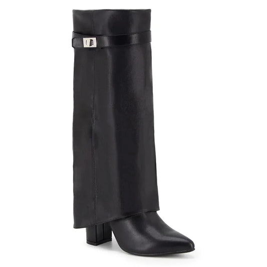 Women Cow Boy Boots | Lock Buckle | High Heels | Knee-Length Boots | Fold-Over Long Boots