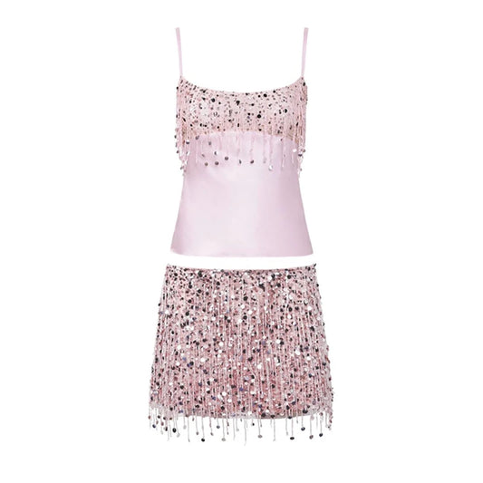 Women Pink Summer Tassel Top With Mini Skirt Set | Sequin Crop Top | Backless