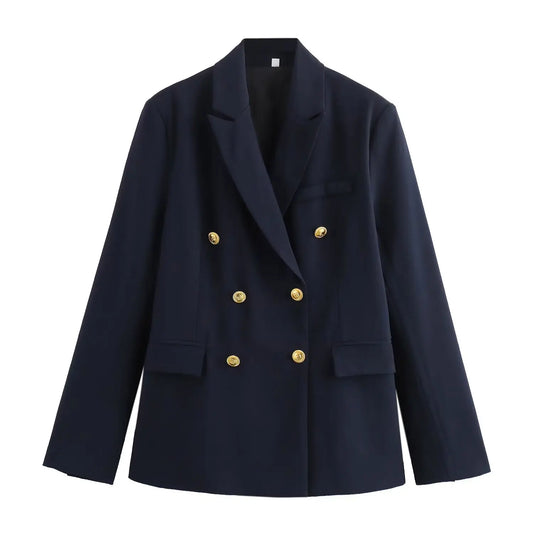 Women Navy Blue Double Breasted Blazer