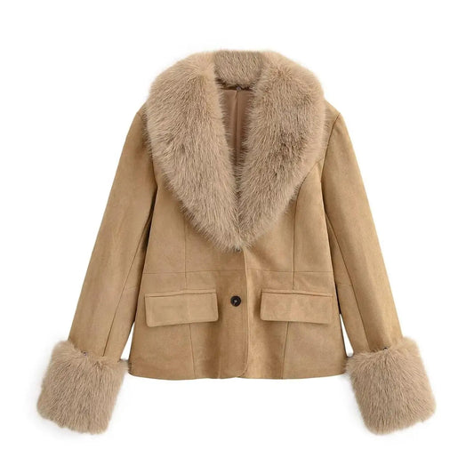 Women Suede Fur Collar Coat | Long Sleeve | V-Neck | Warm | Slim Fit Jacket | Winter | Party | Streetwear