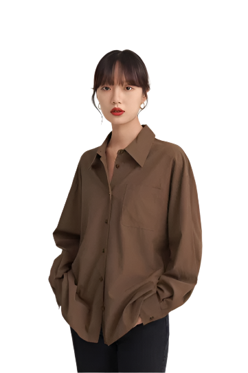 Women Vintage Brown Button Down Blouse | Office Wear Long Sleeve Plain Shirt