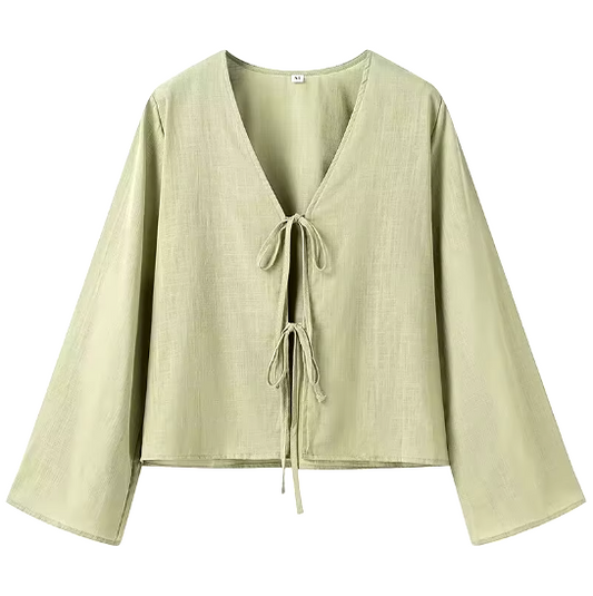 Women V-Neck Lace Up Shirt | Summer Casual Long Sleeve Blouse | Beach Chic Top