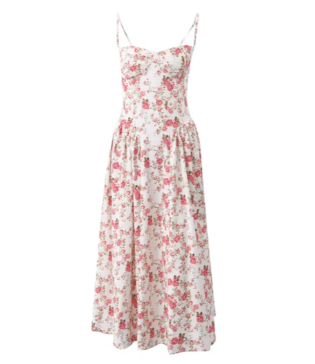 Women Floral Printed Pleated Sling Summer Maxi Dress