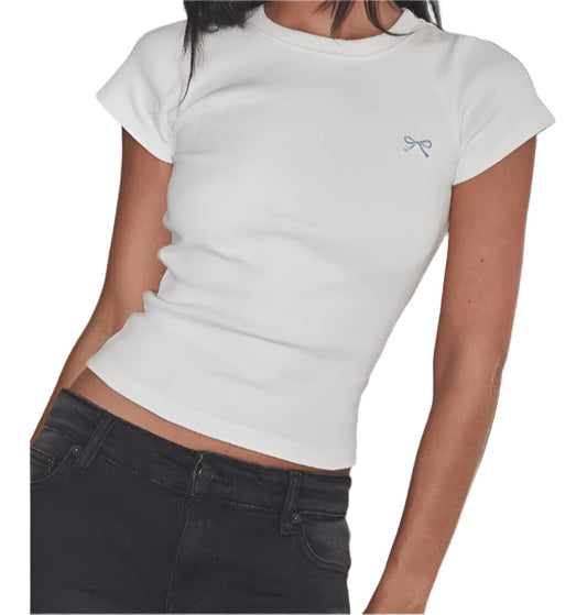 Women Summer Crop Top | Short Sleeve Bow Embroidery Ribbed T-Shirt