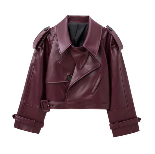 Women Short Burgundy Leather Biker Jacket | Long Sleeve Ladies Locomotive Outerwear