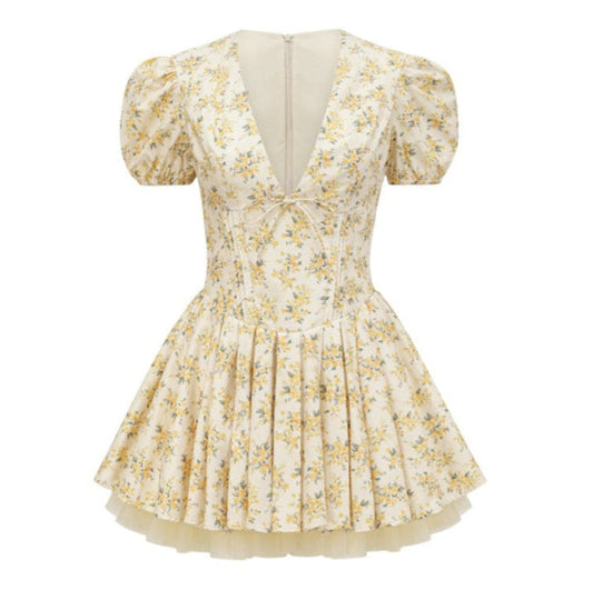 Women Yellow Floral A Line Printed Summer Dress | Casual V Neck Puff Sleeve Tulle Dress
