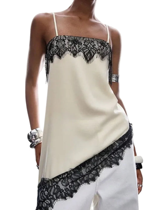 Women Summer Vintage Lace Satin Asymmetrical Slip Top | Tank Top | Sleeveless | Backless | Spaghetti Strap