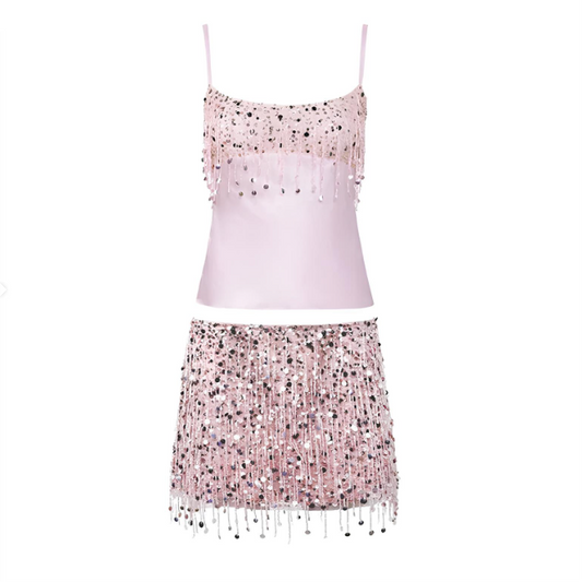 Women Pink Summer Tassel Top With Mini Skirt Set | Sequin Crop Top | Backless