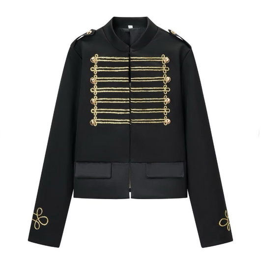 Women Napoleon Jacket | Black Short Jacket | Stand Collar | Pearl Buttons | Cropped Jacket