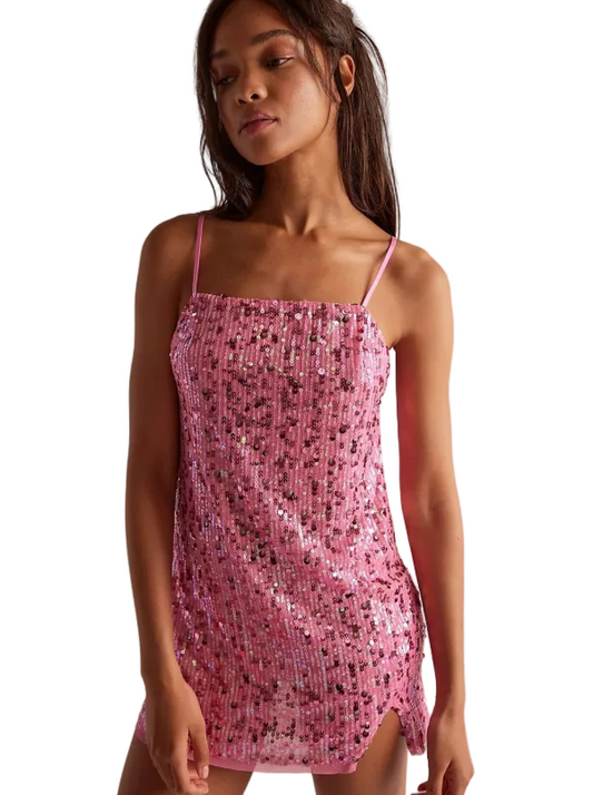 Women Sequin Party Dress | Mini Slip Dress | Spaghetti Strap | Split Hem