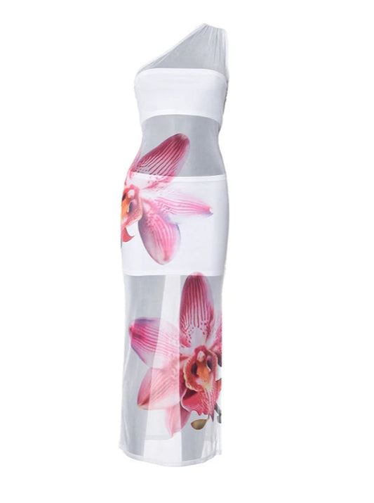 Women Summer Slant Shoulder See-Through Dress | Strapless | Beach Coverup | Floral Print