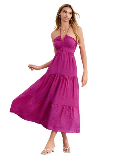 Women Bohemian Summer Tie-Up Halter Dress | Beach Flowy Dress | Sleeveless Backless Ruffled A-line Long Dress