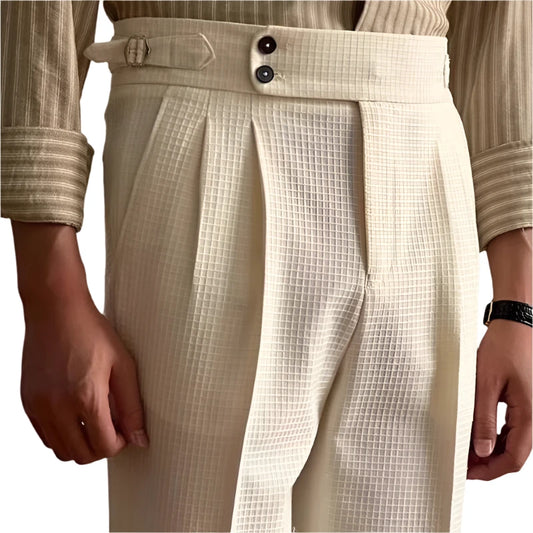 Men Old Money Waffle Pants | Vintage Belt-up High Waist Trousers | Breathable Pants | Solid Color