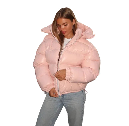 Women Glossy Zipper Hooded Jacket | Windbreaker | Pleated | Short Jacket | Cotton