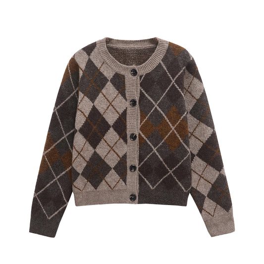 Women Argyle Knitted Cardigan | Diamond Pattern | Long Sleeved | Single Breasted Sweater