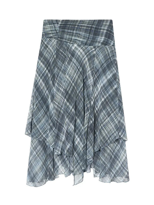 Women Blue Plaid Pleated Skirt | Asymmetrical Hem | High Waist | Long Skirt | Y2k