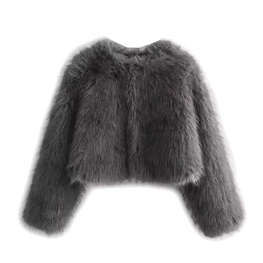Women Gray Cropped Fur Jacket | Solid Loose Round Neck Fur Coat
