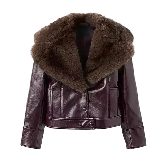 Women Patchwork Leather Jacket | Detachable Collar | Double Breasted | Winter