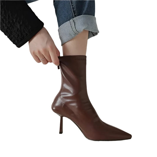 Women Leather High Heel Ankle Boots | Zipper Closure