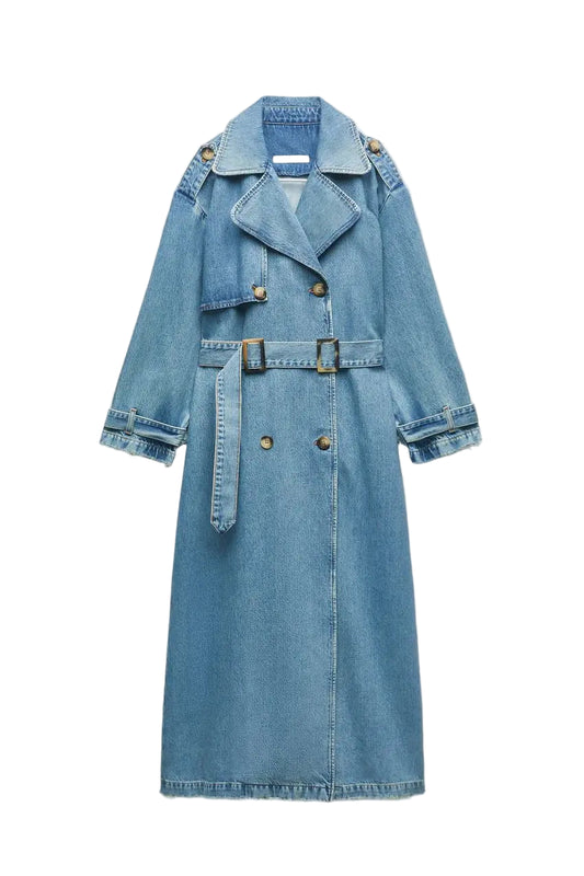 Women Vintage Denim Long Coat | Double Breasted | Winter Long Coat