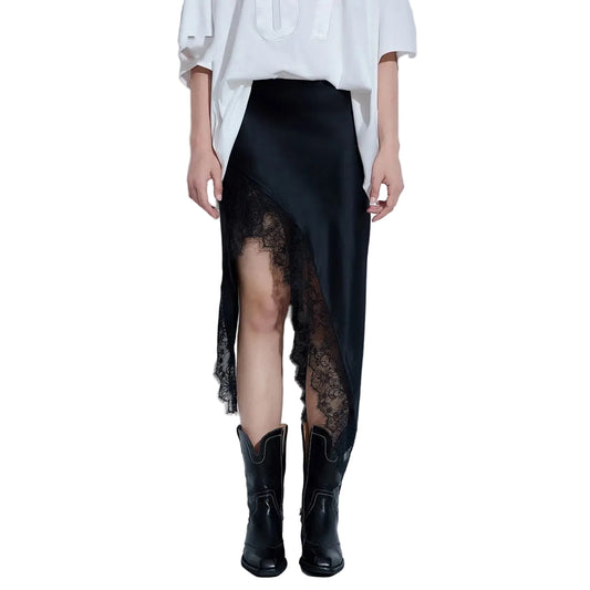 Women Black Satin Midi Skirt | Lace Patchwork | Asymmetrical Skirt | High Waist | Slit