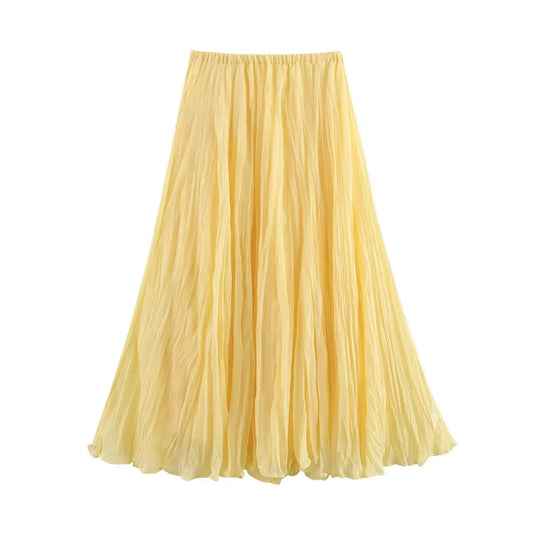 Women Crinkle A Line Midi Butter Yellow Skirt | Holiday | Summer Skirt | Elastic Waist