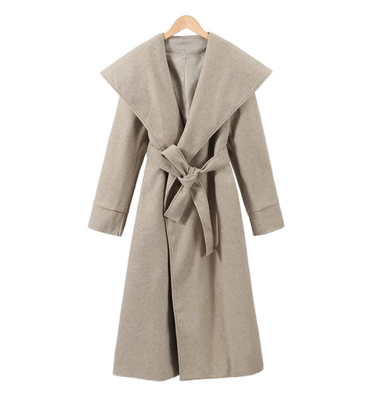 Women Shawl Collar Woolen Coat With Belt | Loose Long Sleeve | Overcoat | Winter Coat