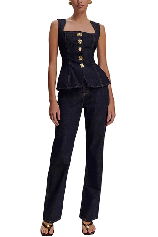 Women Summer Denim High Waist Button Down Top | Vest | Denim Pants | Set