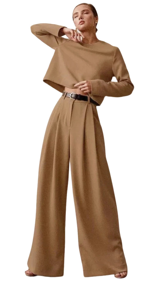 Women Classic 2 Piece Set | Vintage Plain Loose Shirt | Palazzo Floor-Length Pants