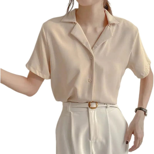 Women Short Sleeves Button Up Blouse | Solid V-Neck Chic Shirt