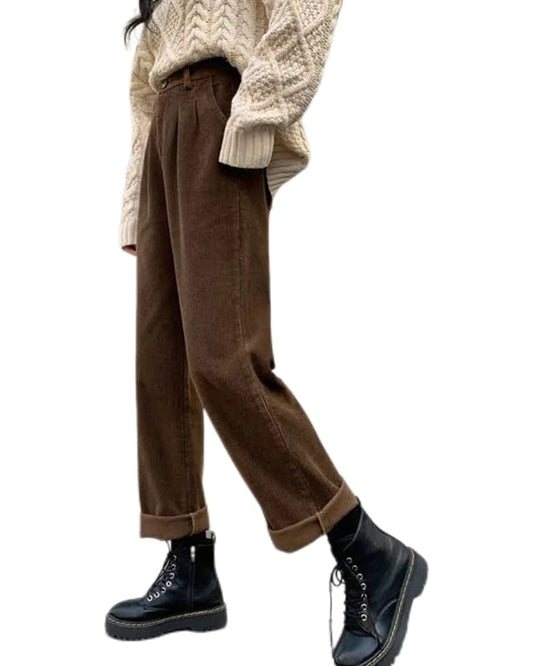 Women Vintage Corduroy High Waisted Pants | Straight Trousers With Pockets