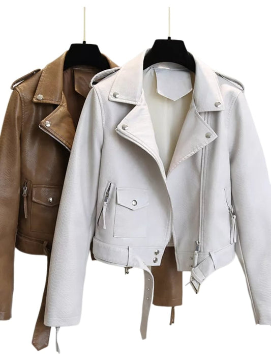 Women Biker Leather Jacket with Belt