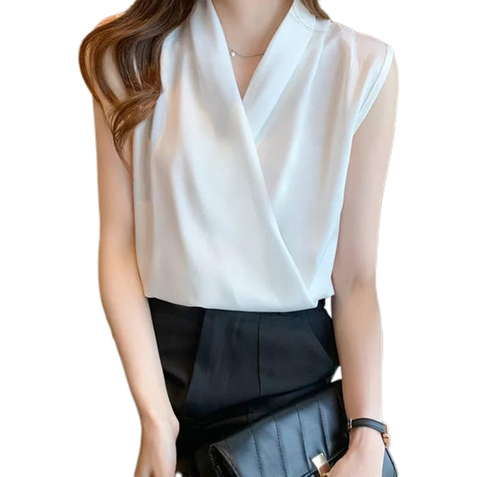 Women’s Satin Sleeveless Blouse | Solid Color Office Shirt