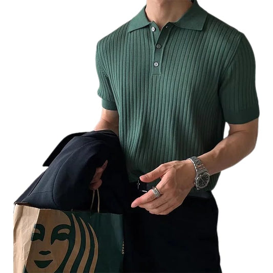 Men Retro Ribbed Polo Shirt | Knitted Short Sleeve Solid Polo T-shirt | Striped Knitwear