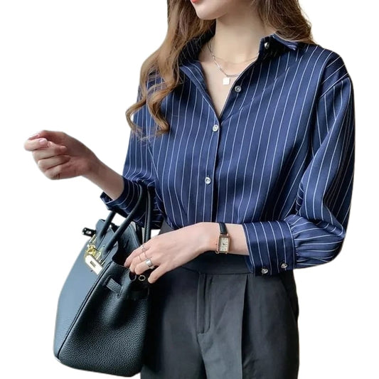 Women Classic Long Sleeve Blouse | Striped Loose Top | Classic Office Shirt