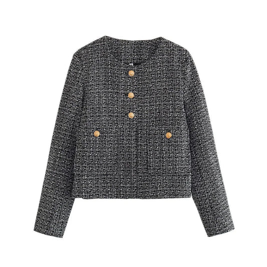 Camel O-neck Tweed Short Coat Women