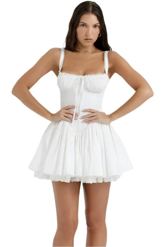 Women White Pleated Mini Dress | Summer Dress | Square-Neck Lace Patchwork Dress